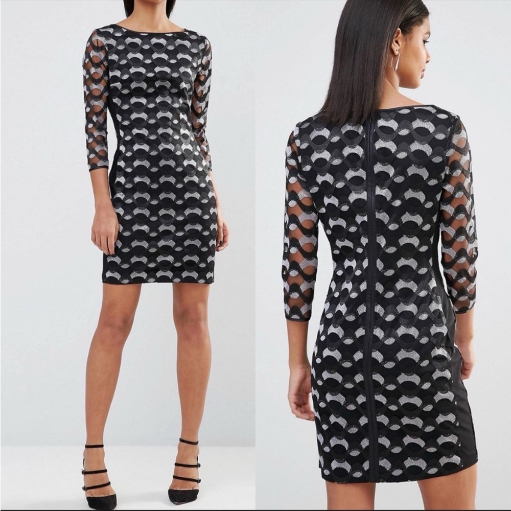 Reiss Black Grey Silver Abstract Lace 3/4 Sleeveless Mirte Bodycon Dress Size 10